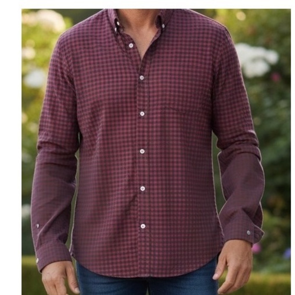 Croft & Barrow Mens Large Burgundy Gingham Stretch Long Sleeve Button Down Shirt